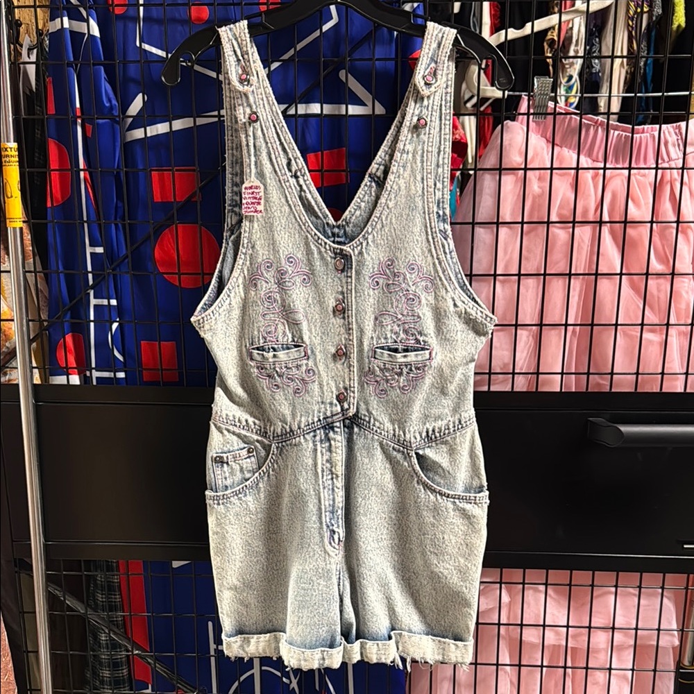 Vintage Embroidered Denim Overall Romper